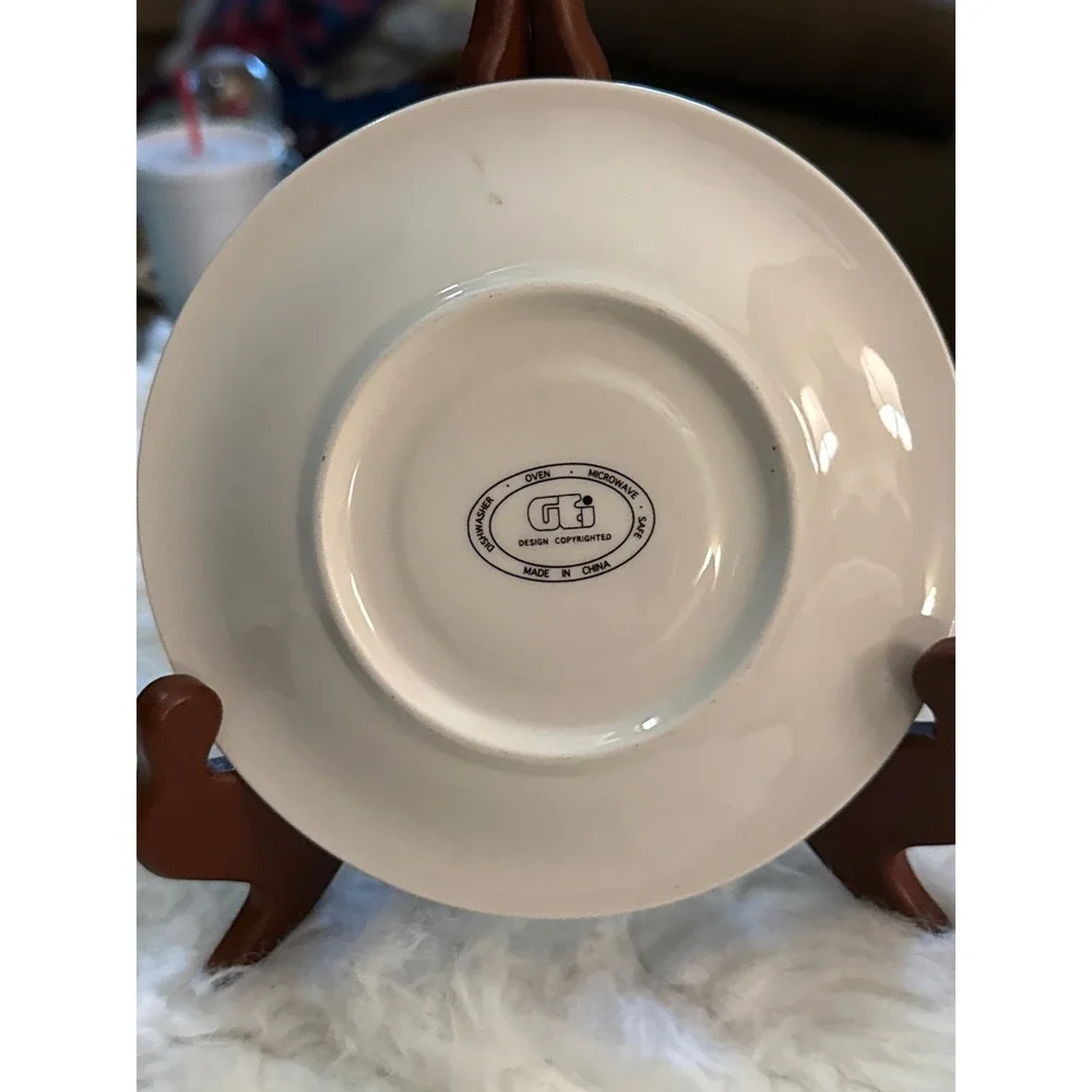 GTI White Ceramic Saucer Embossed Floral Berry Rim Green Trim 6 Inch Tea Plate
